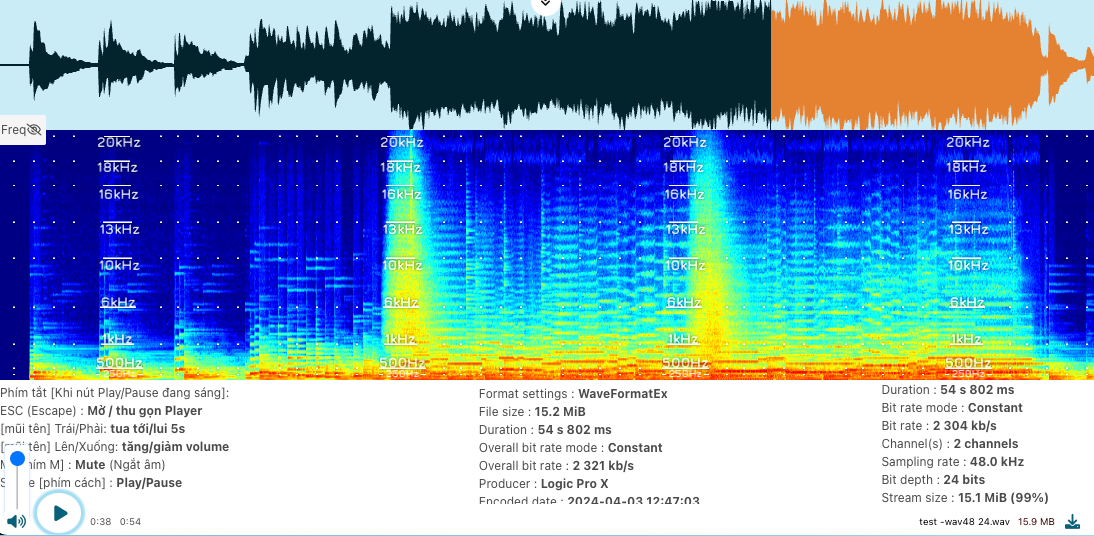 Aki tach nhac kiem tra thong so chat luong audio, spectrogram waveform vocal remover