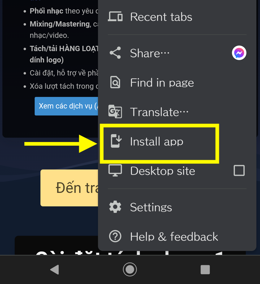 Bấm vào gợi ý cài đặt của chrome hoặc chọn menu Install App để cài đặt App tách nhạc v1 AkiVN